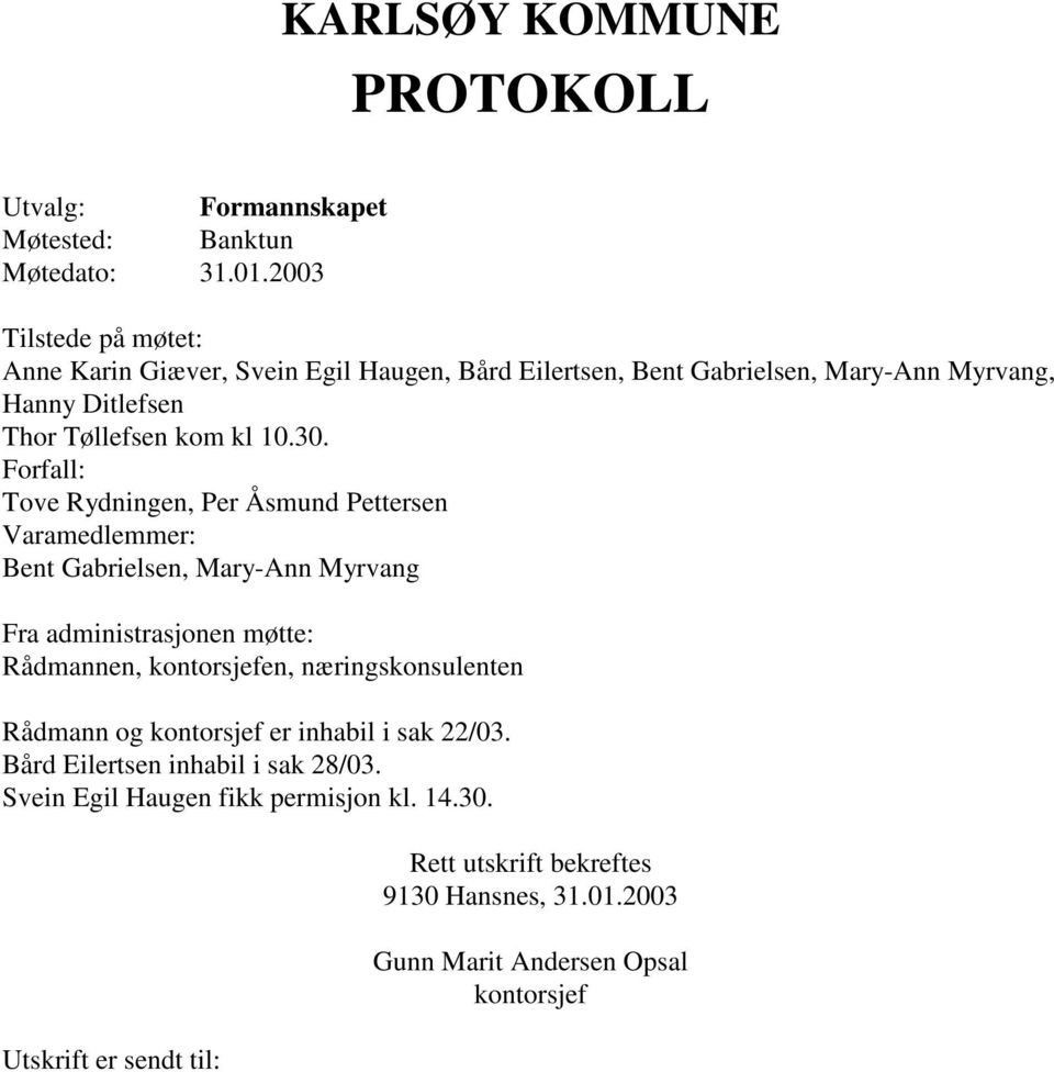 Forfall: Tove Rydningen, Per Åsmund Pettersen Varamedlemmer: Bent Gabrielsen, Mary-Ann Myrvang Fra administrasjonen møtte: Rådmannen, kontorsjefen,