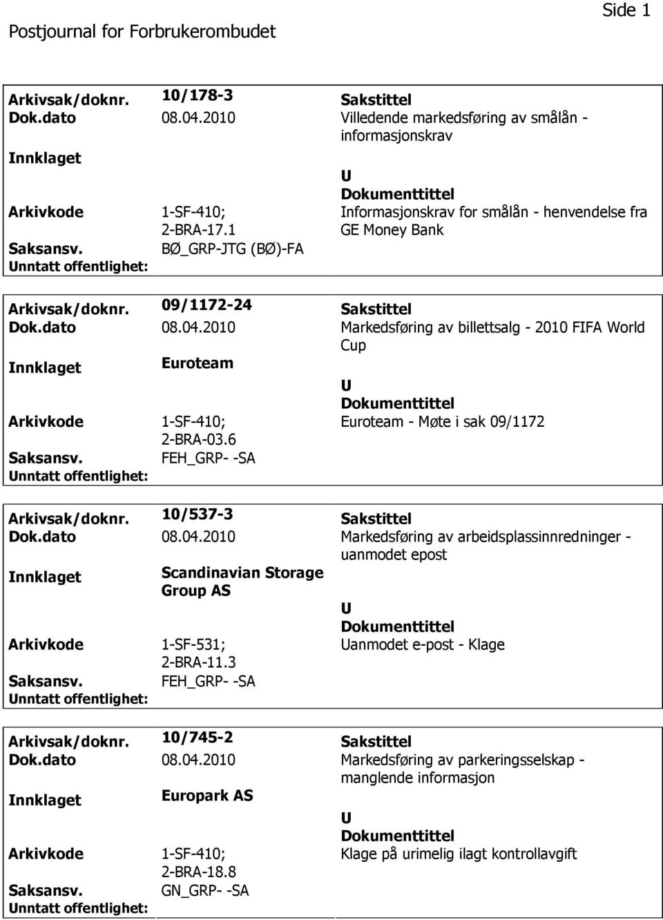 2010 Markedsføring av billettsalg - 2010 FFA World Cup nnklaget Euroteam 1-SF-410; 2-BRA-03.6 Euroteam - Møte i sak 09/1172 FEH_GRP- -SA Arkivsak/doknr. 10/537-3 Sakstittel Dok.dato 08.04.