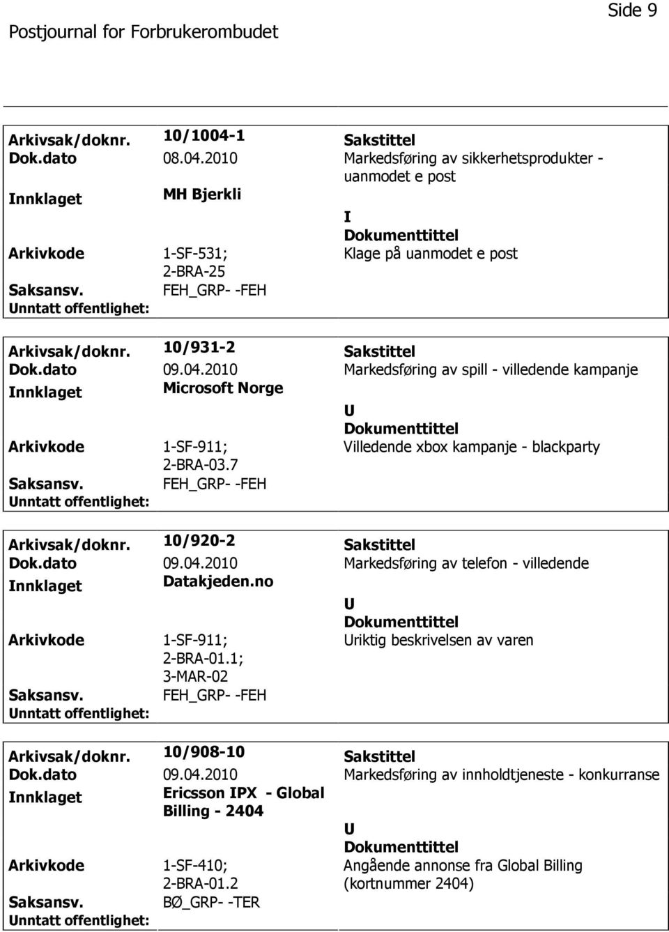 10/920-2 Sakstittel Dok.dato 09.04.2010 Markedsføring av telefon - villedende nnklaget Datakjeden.no 1-SF-911; 2-BRA-01.1; 3-MAR-02 riktig beskrivelsen av varen FEH_GRP- -FEH Arkivsak/doknr.