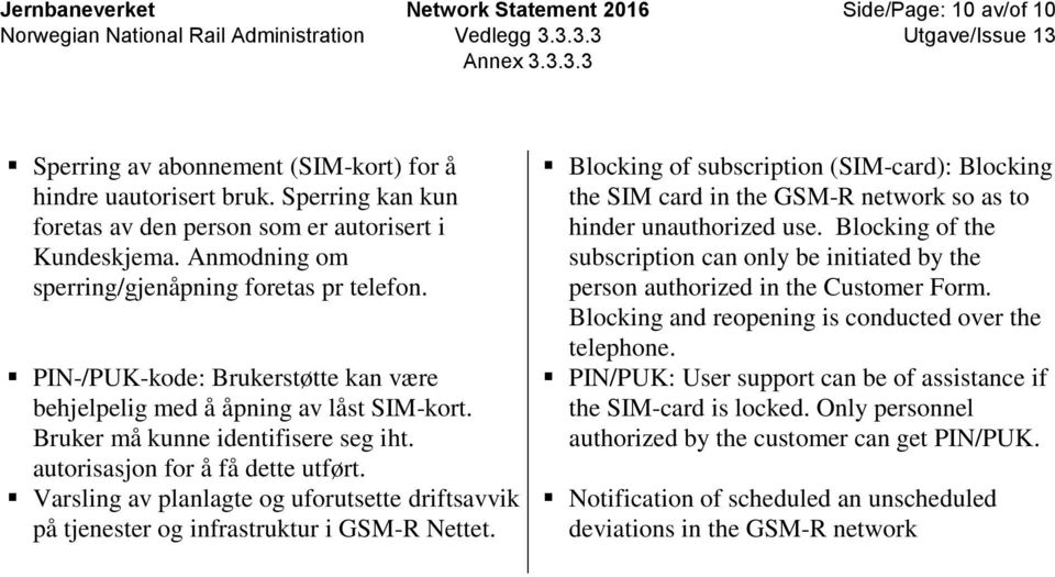 autorisasjon for å få dette utført. Varsling av planlagte og uforutsette driftsavvik på tjenester og infrastruktur i GSM-R Nettet.