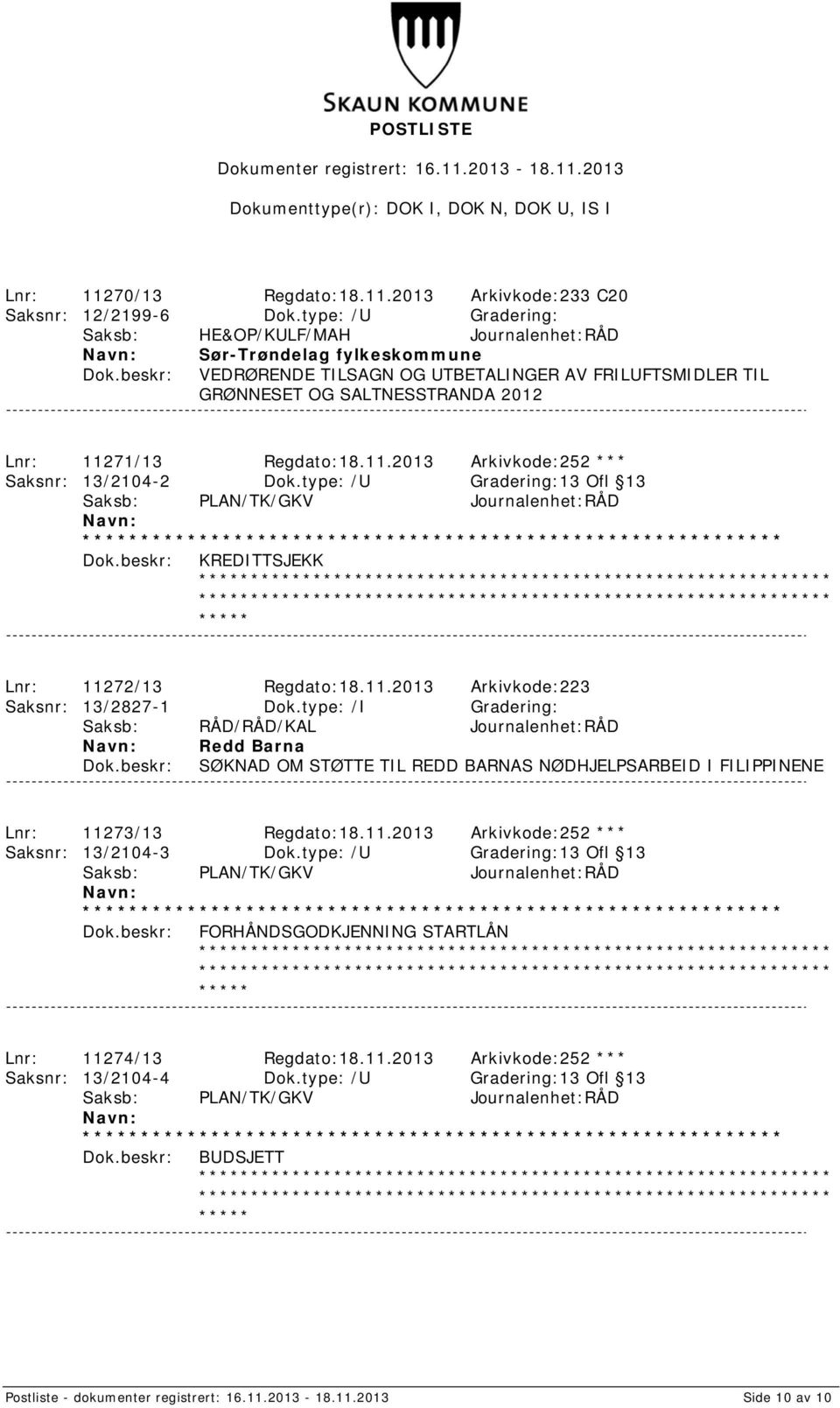 Regdato:18.11.2013 Arkivkode:252 *** Saksnr: 13/2104-2 Dok.type: /U Gradering:13 Ofl 13 KREDITTSJEKK Lnr: 11272/13 Regdato:18.11.2013 Arkivkode:223 Saksnr: 13/2827-1 Dok.