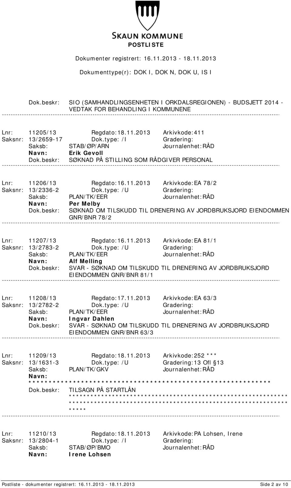 type: /U Gradering: Per Melby SØKNAD OM TILSKUDD TIL DRENERING AV JORDBRUKSJORD EIENDOMMEN GNR/BNR 78/2 Lnr: 11207/13 Regdato:16.11.2013 Arkivkode:EA 81/1 Saksnr: 13/2783-2 Dok.