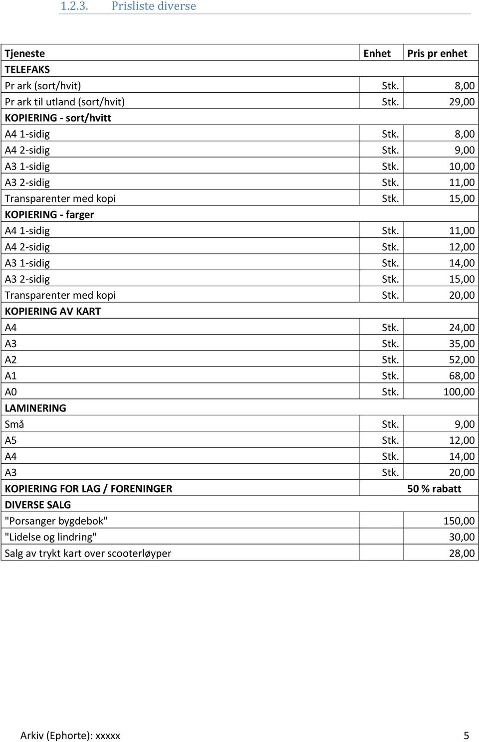 14,00 A3 2-sidig Stk. 15,00 Transparenter med kopi Stk. 20,00 KOPIERING AV KART A4 Stk. 24,00 A3 Stk. 35,00 A2 Stk. 52,00 A1 Stk. 68,00 A0 Stk. 100,00 LAMINERING Små Stk. 9,00 A5 Stk.