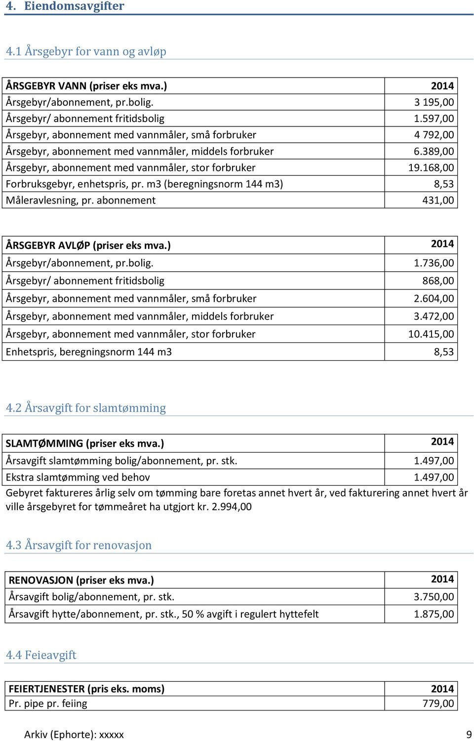 168,00 Forbruksgebyr, enhetspris, pr. m3 (beregningsnorm 144 m3) 8,53 Måleravlesning, pr. abonnement 431,00 ÅRSGEBYR AVLØP (priser eks mva.) 2014 Årsgebyr/abonnement, pr.bolig. 1.736,00 Årsgebyr/ abonnement fritidsbolig 868,00 Årsgebyr, abonnement med vannmåler, små forbruker 2.