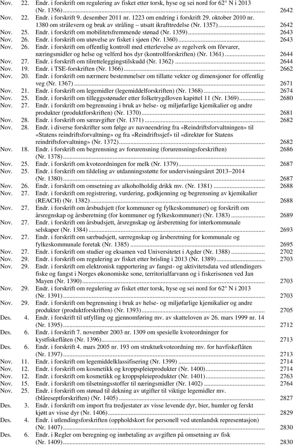 1360)... 2643 Nov. 26. Endr. i forskrift om offentlig kontroll med etterlevelse av regelverk om fôrvarer, næringsmidler og helse og velferd hos dyr (kontrollforskriften) (Nr. 1361)... 2644 Nov. 27.