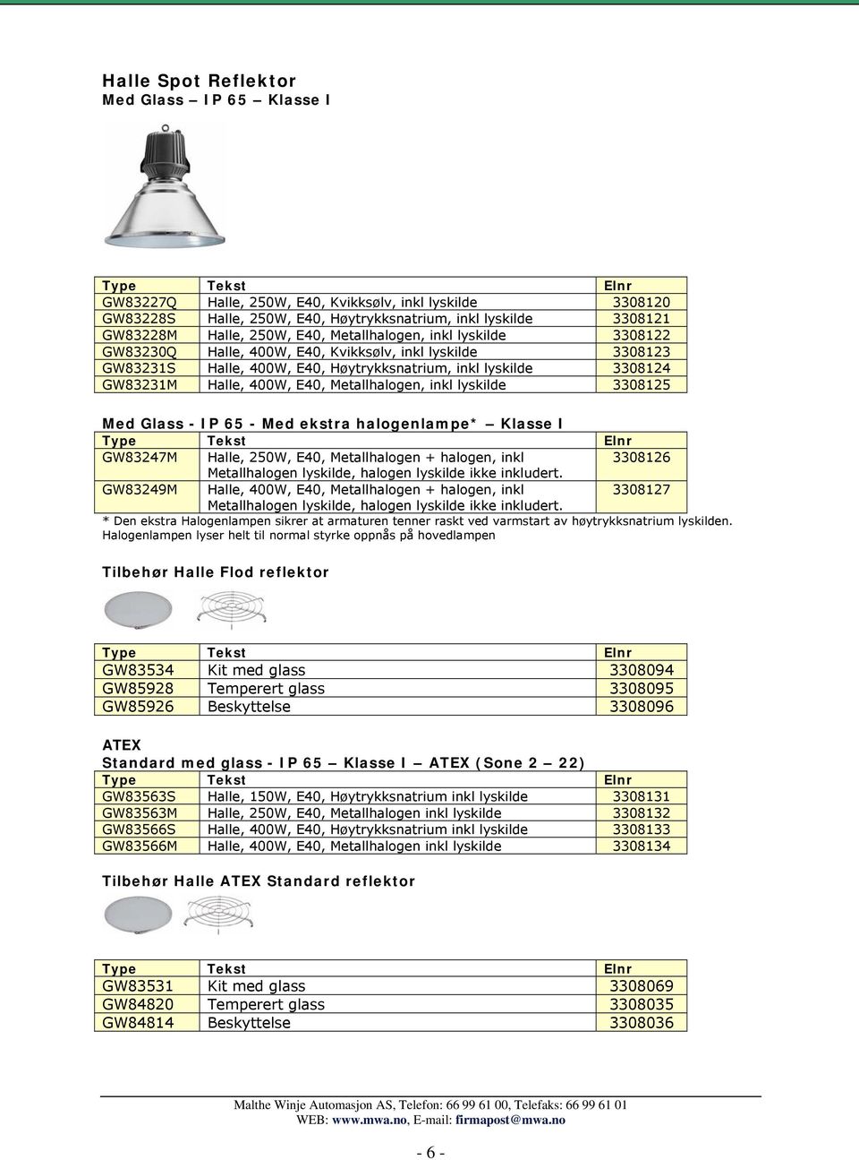 Med ekstra halogenlampe* Klasse I GW83247M Halle, 250W, E40, Metallhalogen + halogen, inkl 3308126 GW83249M Halle, 400W, E40, Metallhalogen + halogen, inkl 3308127 * Den ekstra Halogenlampen sikrer