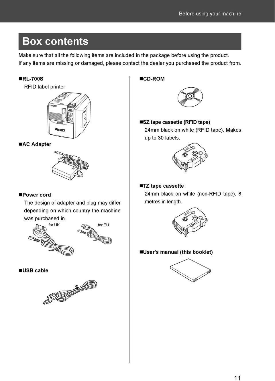 RL-700S RFID label printer CD-ROM AC Adapter SZ tape cassette (RFID tape) 24mm black on white (RFID tape). Makes up to 30 labels.