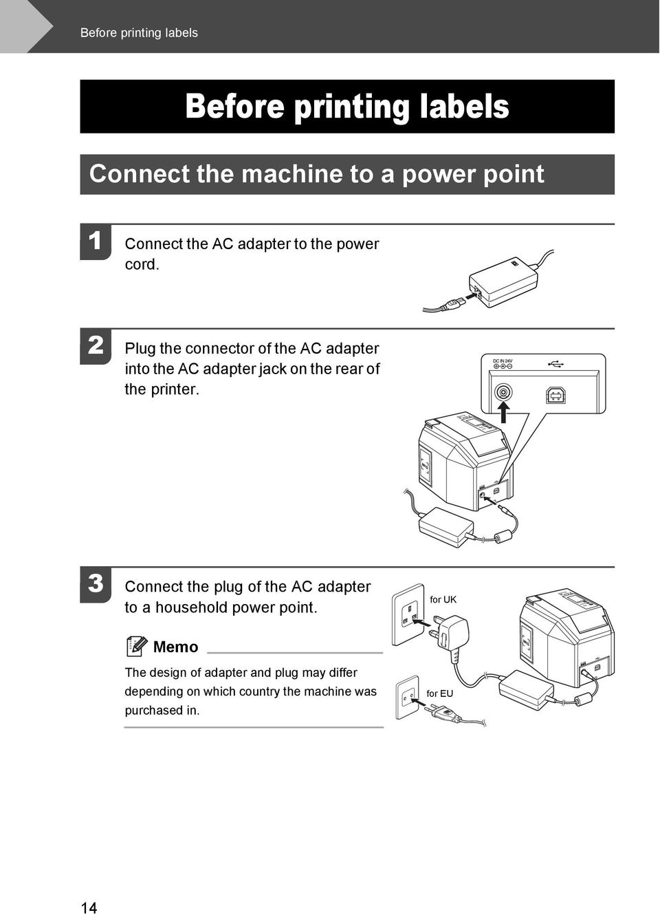 2 Plug the connector of the AC adapter into the AC adapter jack on the rear of the printer.