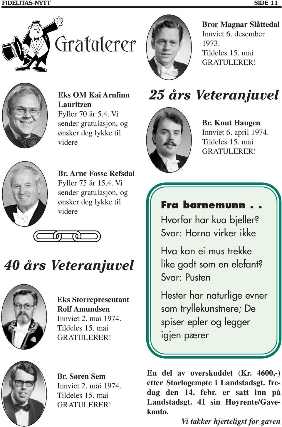 Tildeles 15. mai GRATULERER! Br. Arne Fosse Refsdal Fyller 75 år 15.4. Vi sender gratulasjon, og ønsker deg lykke til videre 40 års Veteranjuvel Eks Storrepresentant Rolf Amundsen Innviet 2. mai 1974.