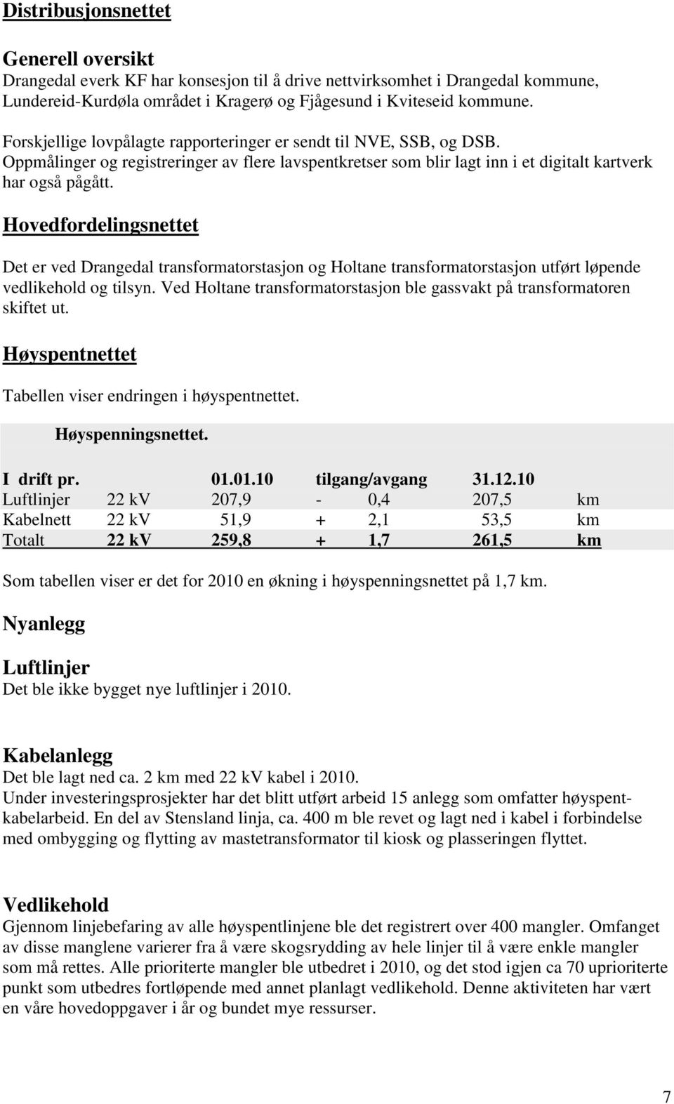 Hovedfordelingsnettet Det er ved Drangedal transformatorstasjon og Holtane transformatorstasjon utført løpende vedlikehold og tilsyn.