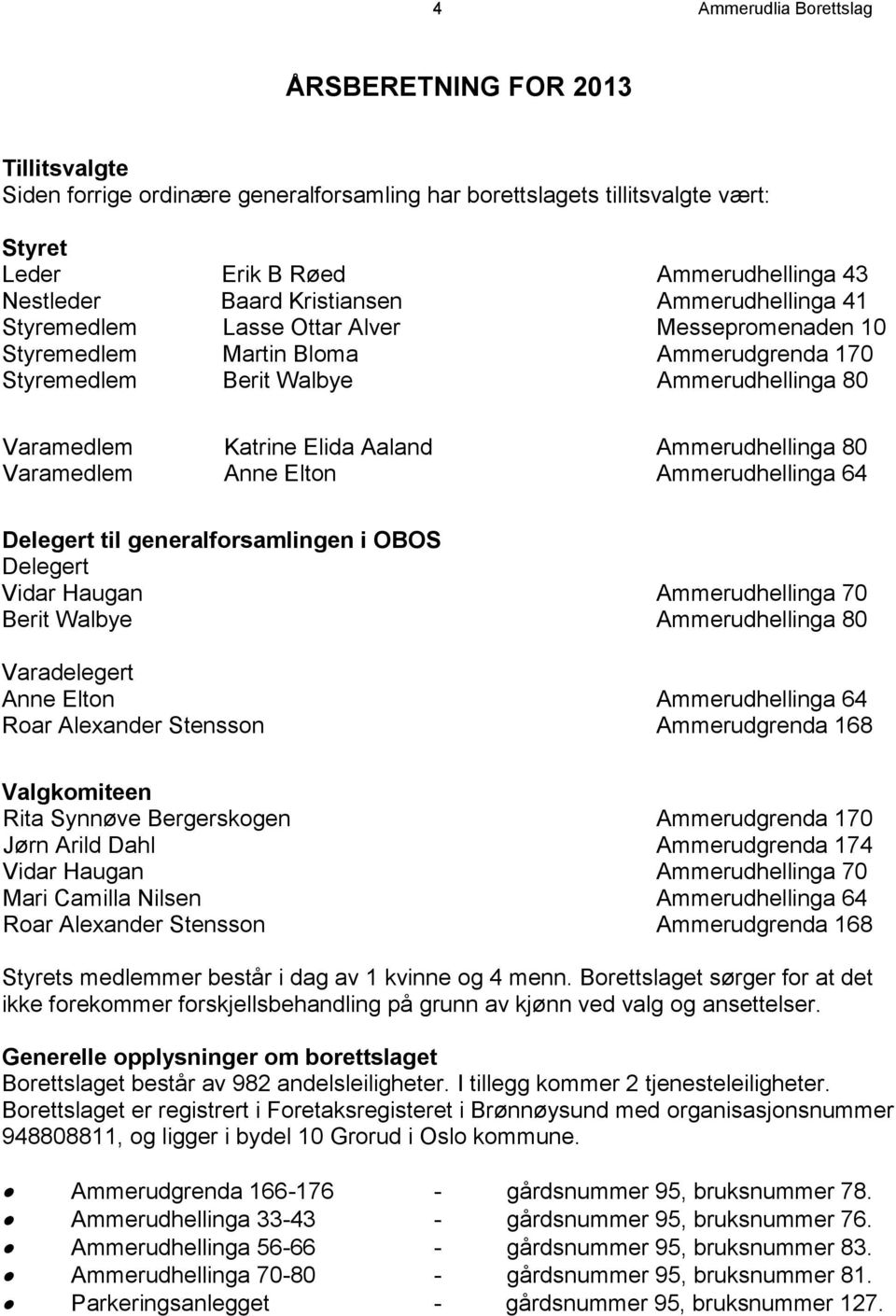 Ammerudhellinga 80 Varamedlem Anne Elton Ammerudhellinga 64 Delegert til generalforsamlingen i OBOS Delegert Vidar Haugan Ammerudhellinga 70 Berit Walbye Ammerudhellinga 80 Varadelegert Anne Elton