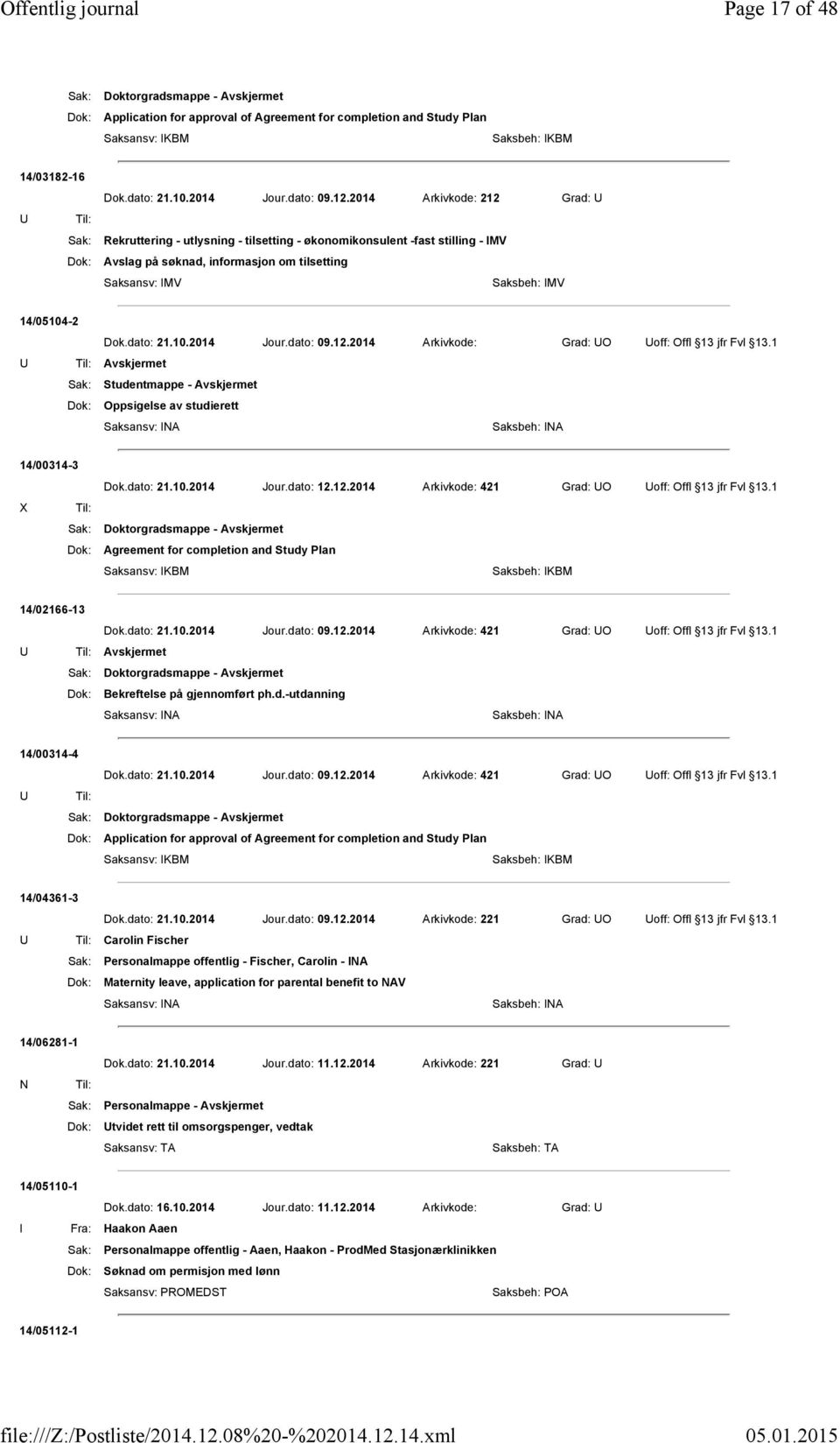 14/05104-2 Dok.dato: 21.10.2014 Jour.dato: 09.12.2014 Arkivkode: Grad: O off: Offl 13 jfr Fvl 13.1 Dok: Oppsigelse av studierett 14/00314-3 Dok.dato: 21.10.2014 Jour.dato: 12.12.2014 Arkivkode: 421 Grad: O off: Offl 13 jfr Fvl 13.