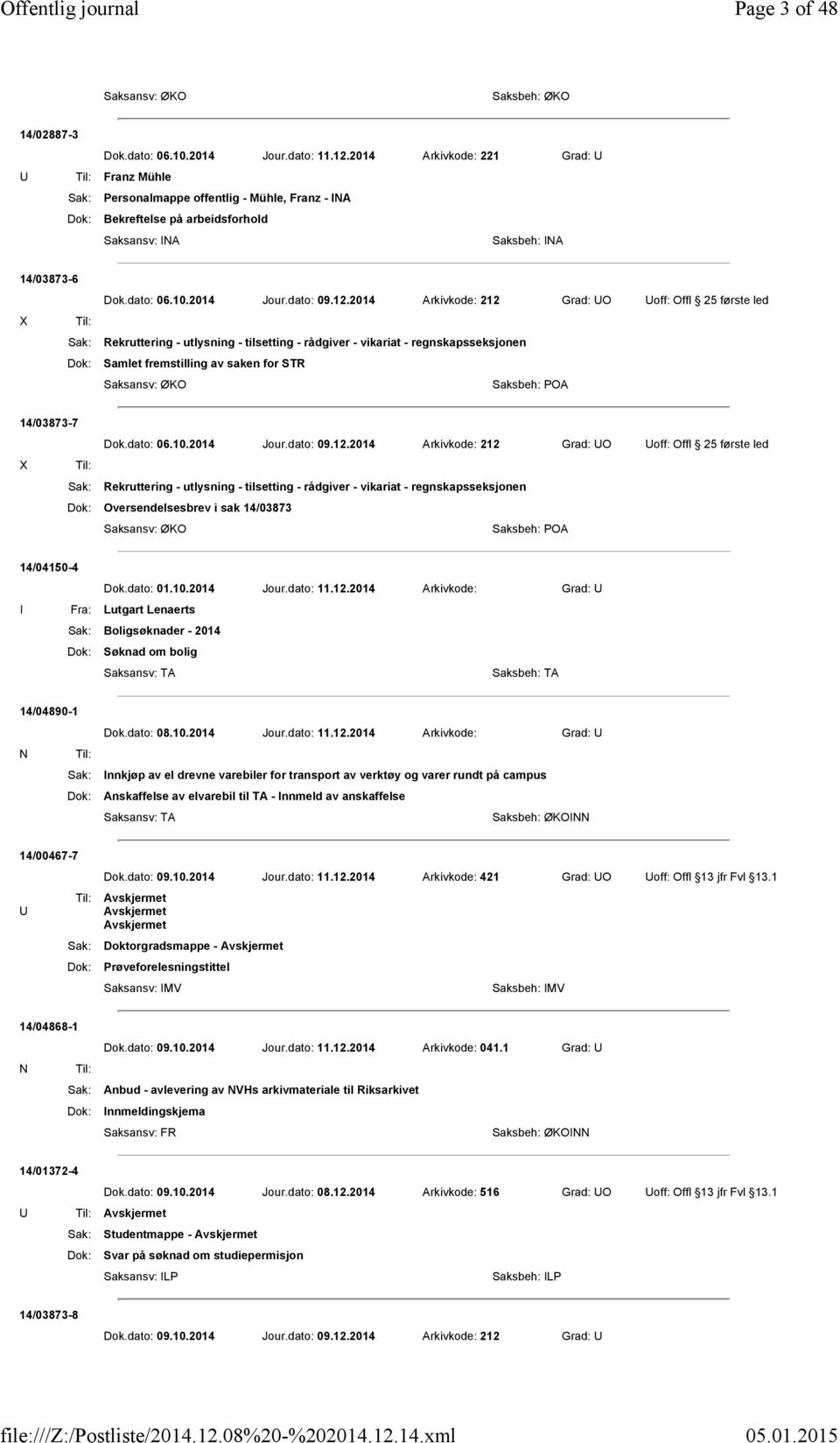 2014 Arkivkode: 212 Grad: O off: Offl 25 første led Sak: Rekruttering - utlysning - tilsetting - rådgiver - vikariat - regnskapsseksjonen Dok: Samlet fremstilling av saken for STR Saksansv: ØKO