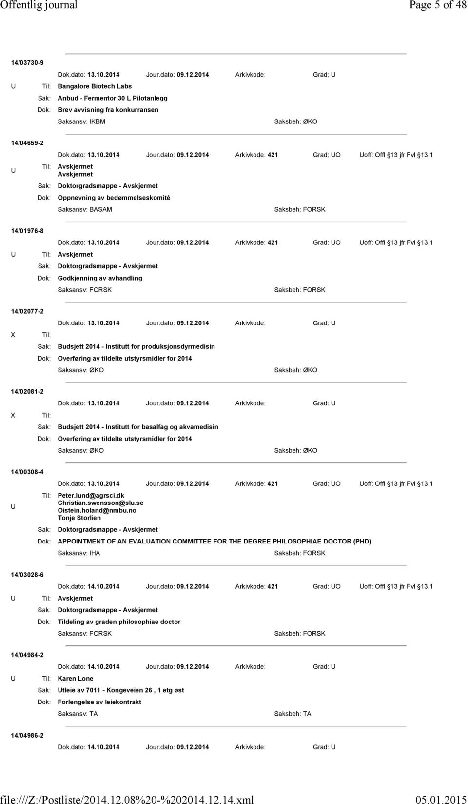 2014 Arkivkode: 421 Grad: O off: Offl 13 jfr Fvl 13.1 Til: Avskjermet Avskjermet Sak: Doktorgradsmappe - Avskjermet Dok: Oppnevning av bedømmelseskomité Saksbeh: FORSK 14/01976-8 Dok.dato: 13.10.