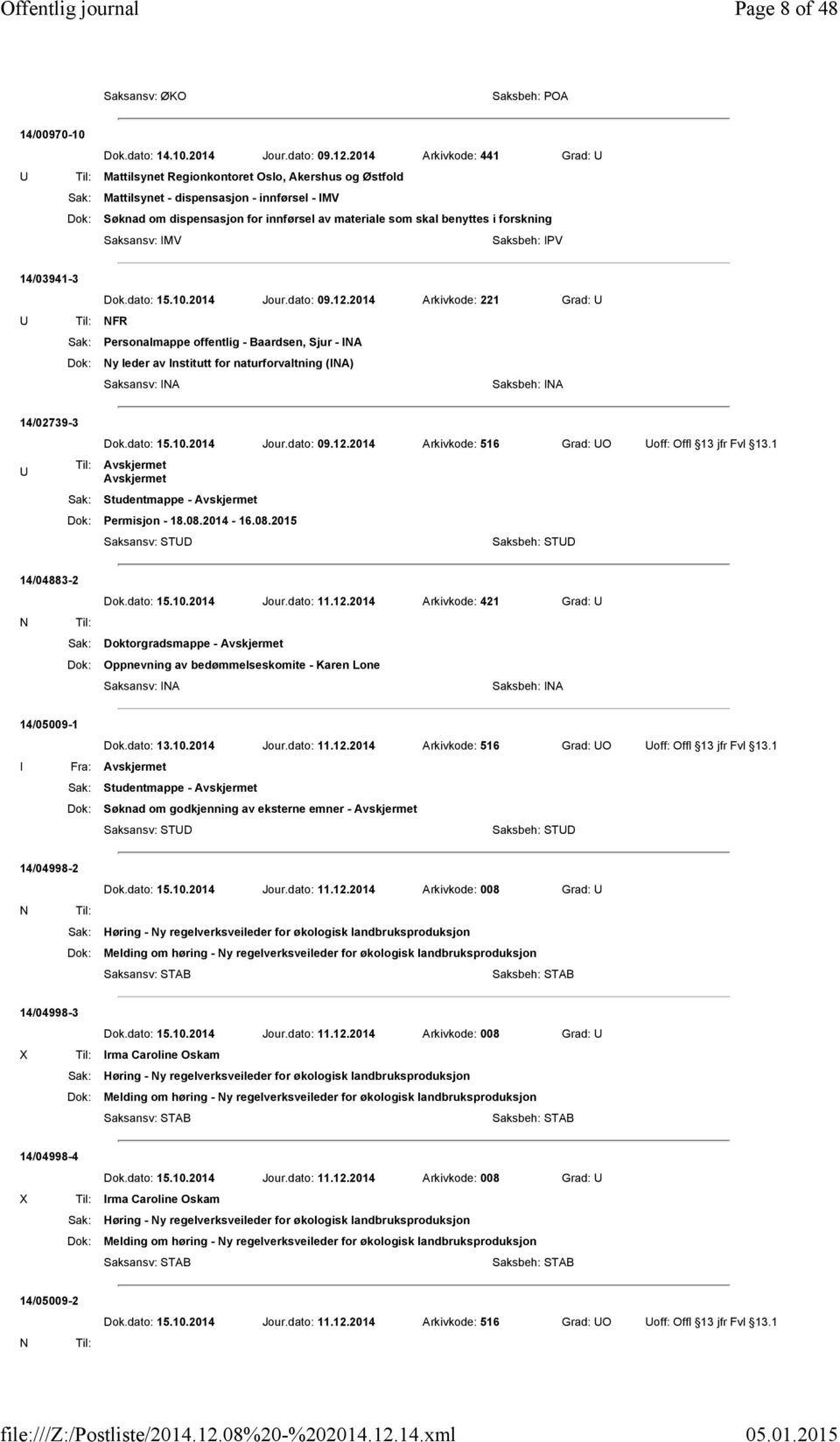 benyttes i forskning Saksansv: IMV Saksbeh: IPV 14/03941-3 Dok.dato: 15.10.2014 Jour.dato: 09.12.