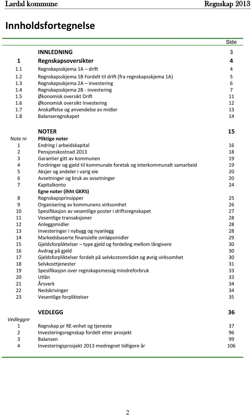 8 Balanseregnskapet 14 NOTER 15 Note nr Pliktige noter 1 Endring i arbeidskapital 16 2 Pensjonskostnad 2013 18 3 Garantier gitt av kommunen 19 4 Fordringer og gjeld til kommunale foretak og