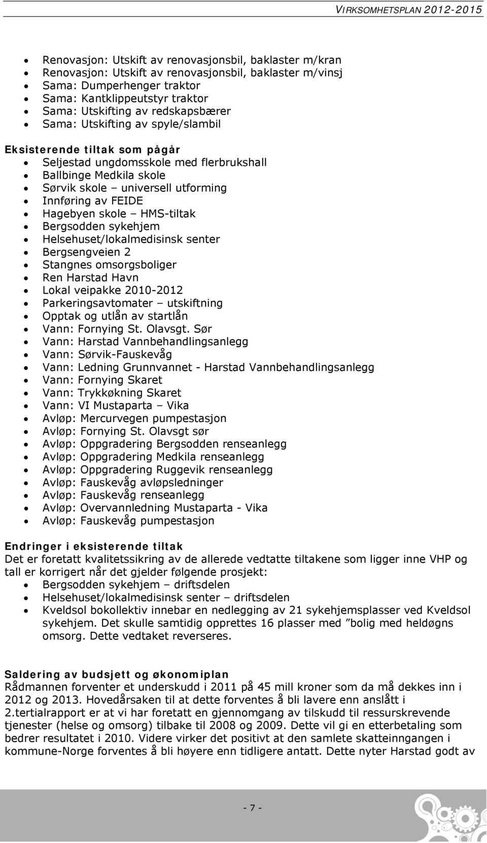 Hagebyen skole HMS-tiltak Bergsodden sykehjem Helsehuset/lokalmedisinsk senter Bergsengveien 2 Stangnes omsorgsboliger Ren Harstad Havn Lokal veipakke 2010-2012 Parkeringsavtomater utskiftning Opptak