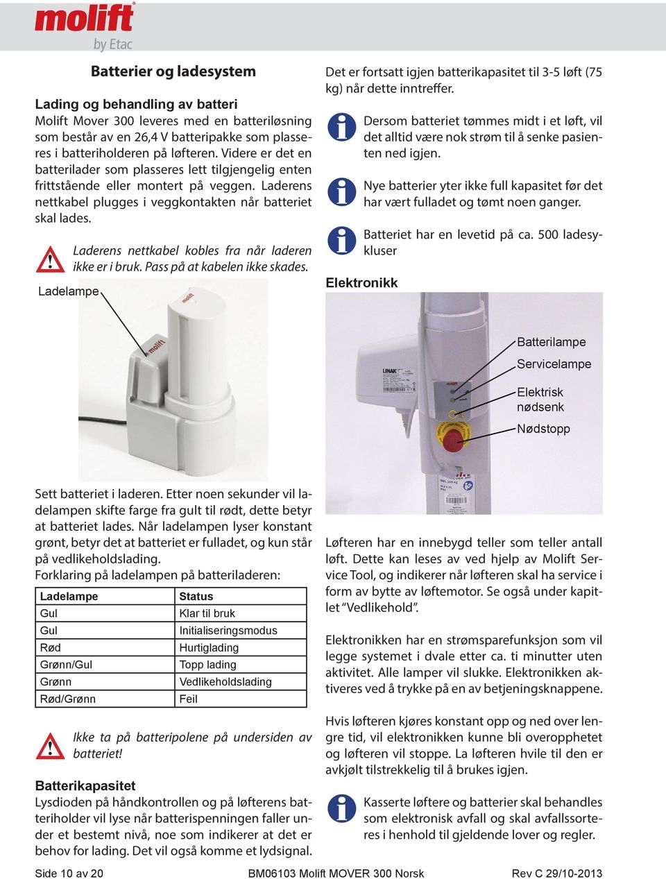 Ladelampe Laderens nettkabel kobles fra når laderen ikke er i bruk. Pass på at kabelen ikke skades. Det er fortsatt igjen batterikapasitet til 3-5 løft (75 kg) når dette inntreffer.