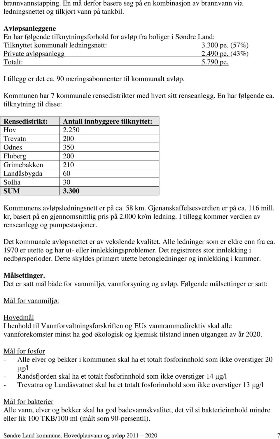 I tillegg er det ca. 90 næringsabonnenter til kommunalt avløp. Kommunen har 7 kommunale rensedistrikter med hvert sitt renseanlegg. En har følgende ca.