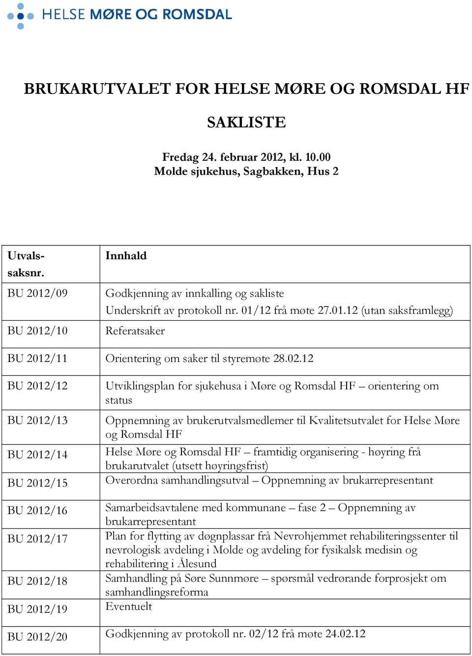 02.12 BU 2012/12 BU 2012/13 BU 2012/14 BU 2012/15 BU 2012/16 BU 2012/17 BU 2012/18 BU 2012/19 Utviklingsplan for sjukehusa i Møre og Romsdal HF orientering om status Oppnemning av