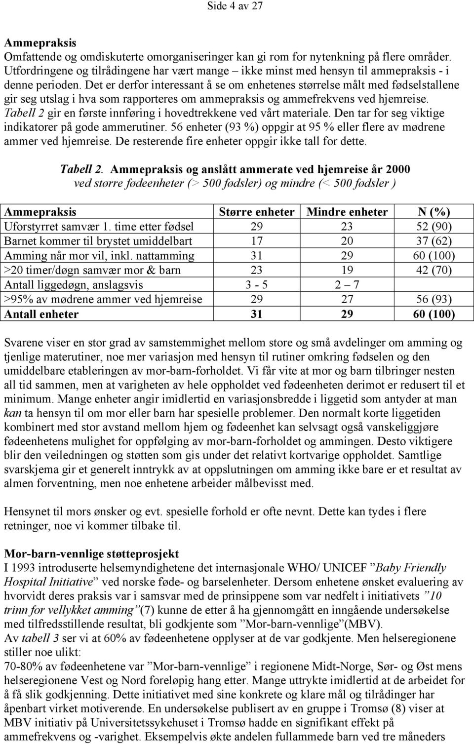 Det er derfor interessant å se om enhetenes størrelse målt med fødselstallene gir seg utslag i hva som rapporteres om ammepraksis og ammefrekvens ved hjemreise.