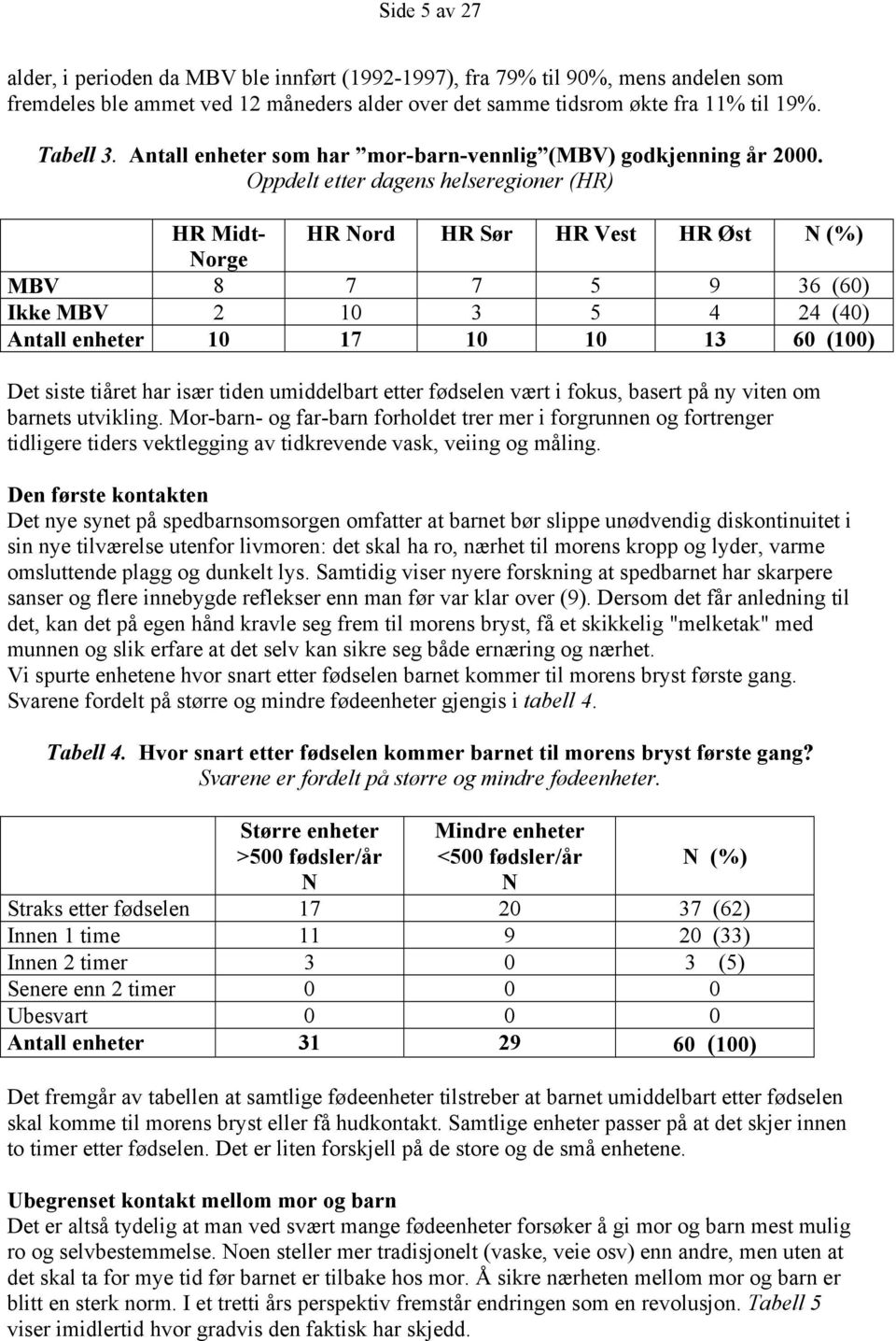 Oppdelt etter dagens helseregioner (HR) HR Midt- HR Nord HR Sør HR Vest HR Øst N (%) Norge MBV 8 7 7 5 9 36 (60) Ikke MBV 2 10 3 5 4 24 (40) Antall enheter 10 17 10 10 13 60 (100) Det siste tiåret