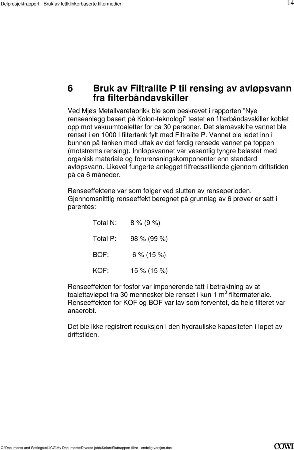 av det ferdig rensede vannet på toppen (motstrøms rensing) Innløpsvannet var vesentlig tyngre belastet med organisk materiale og forurensningskomponenter enn standard avløpsvann Likevel fungerte