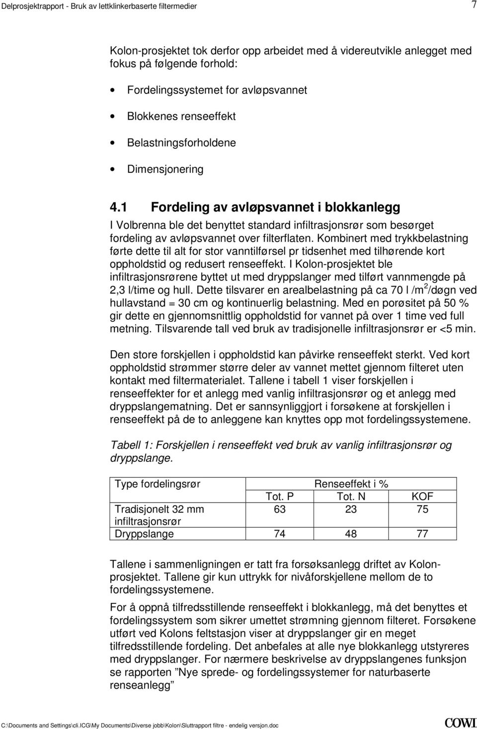 til alt for stor vanntilførsel pr tidsenhet med tilhørende kort oppholdstid og redusert renseeffekt I Kolon-prosjektet ble infiltrasjonsrørene byttet ut med dryppslanger med tilført vannmengde på 2,3