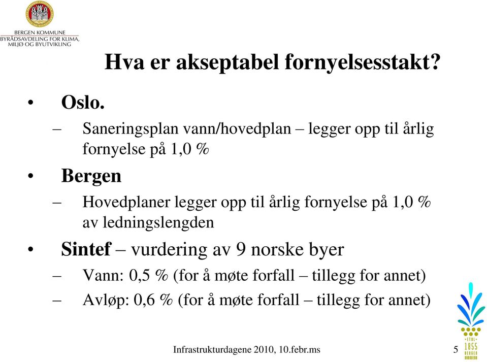 legger opp til årlig fornyelse på 1,0 % av ledningslengden Sintef vurdering av 9 norske