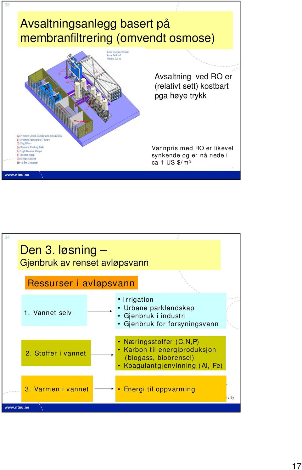 løsning Gjenbruk av renset avløpsvann Ressurser i avløpsvann 1. Vannet selv 2.