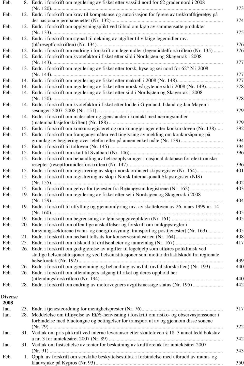 (blåreseptforskriften) (Nr. 134)... 376 Feb. 12. Endr. i forskrift om endring i forskrift om legemidler (legemiddelforskriften) (Nr. 135)... 376 Feb. 12. Endr. i forskrift om kvotefaktor i fisket etter sild i Nordsjøen og Skagerrak i 2008 (Nr.