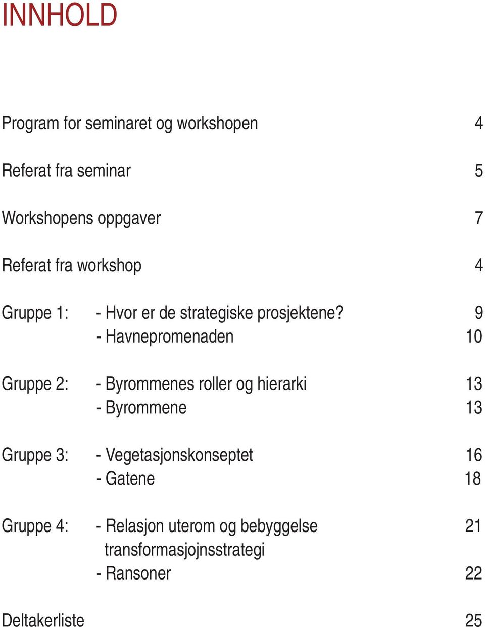 9 - Havnepromenaden 10 Gruppe 2: - Byrommenes roller og hierarki 13 - Byrommene 13 Gruppe 3: -