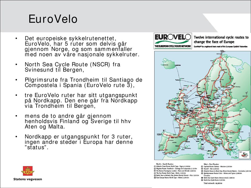 North Sea Cycle Route (NSCR) fra Svinesund til Bergen, Pilgrimsrute fra Trondheim til Santiago de Compostela i Spania (EuroVelo rute 3), tre