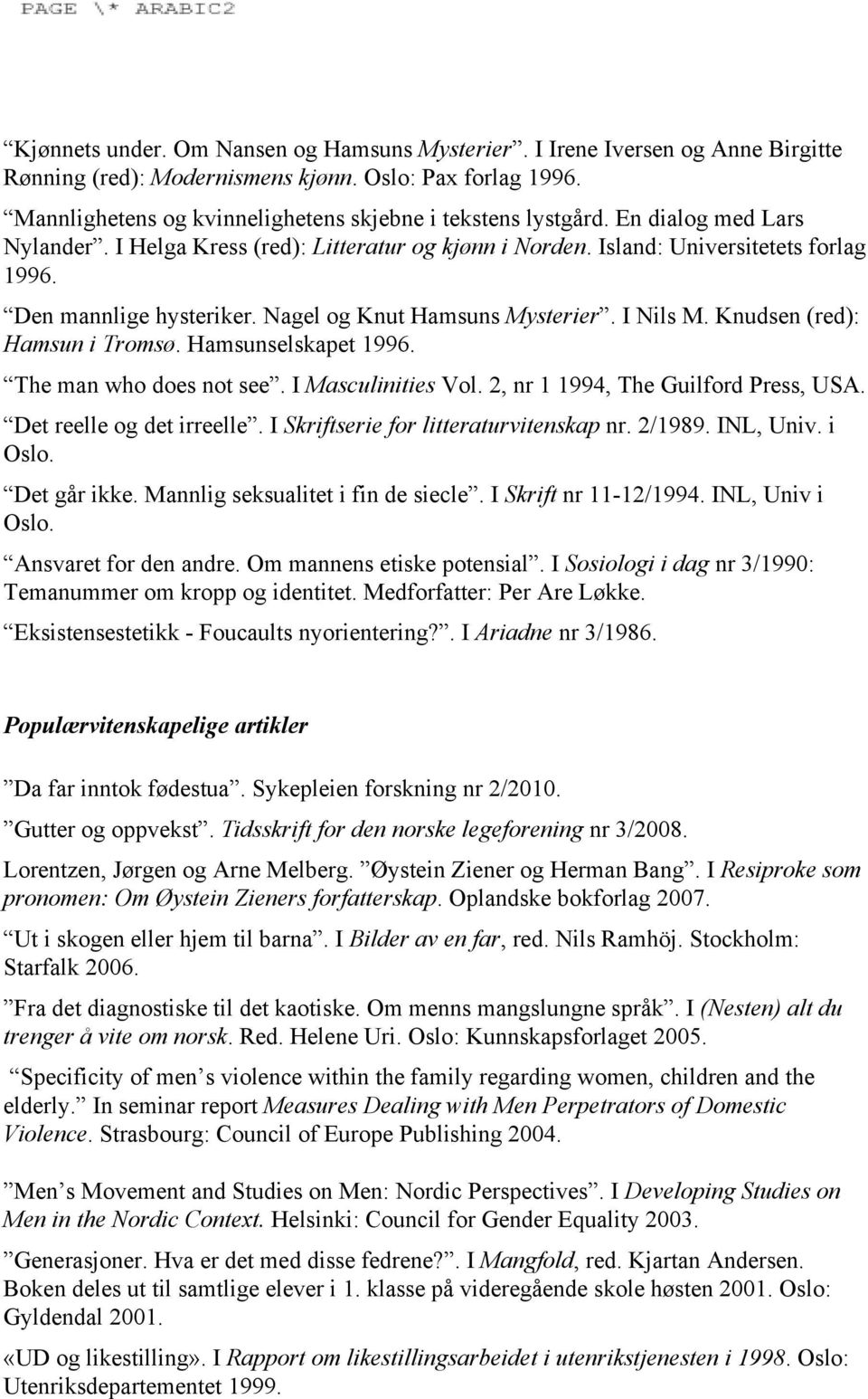 Knudsen (red): Hamsun i Tromsø. Hamsunselskapet 1996. The man who does not see. I Masculinities Vol. 2, nr 1 1994, The Guilford Press, USA. Det reelle og det irreelle.