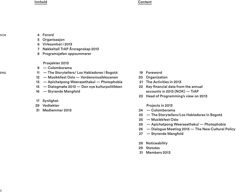 Foreword 20 Organization 21 The Activities in 2013 22 Key financial data from the annual accounts in 2013 (NOK) TrAP 23 Head of Programming s view on 2013 Projects in 2013 24 Colomborama 25 The