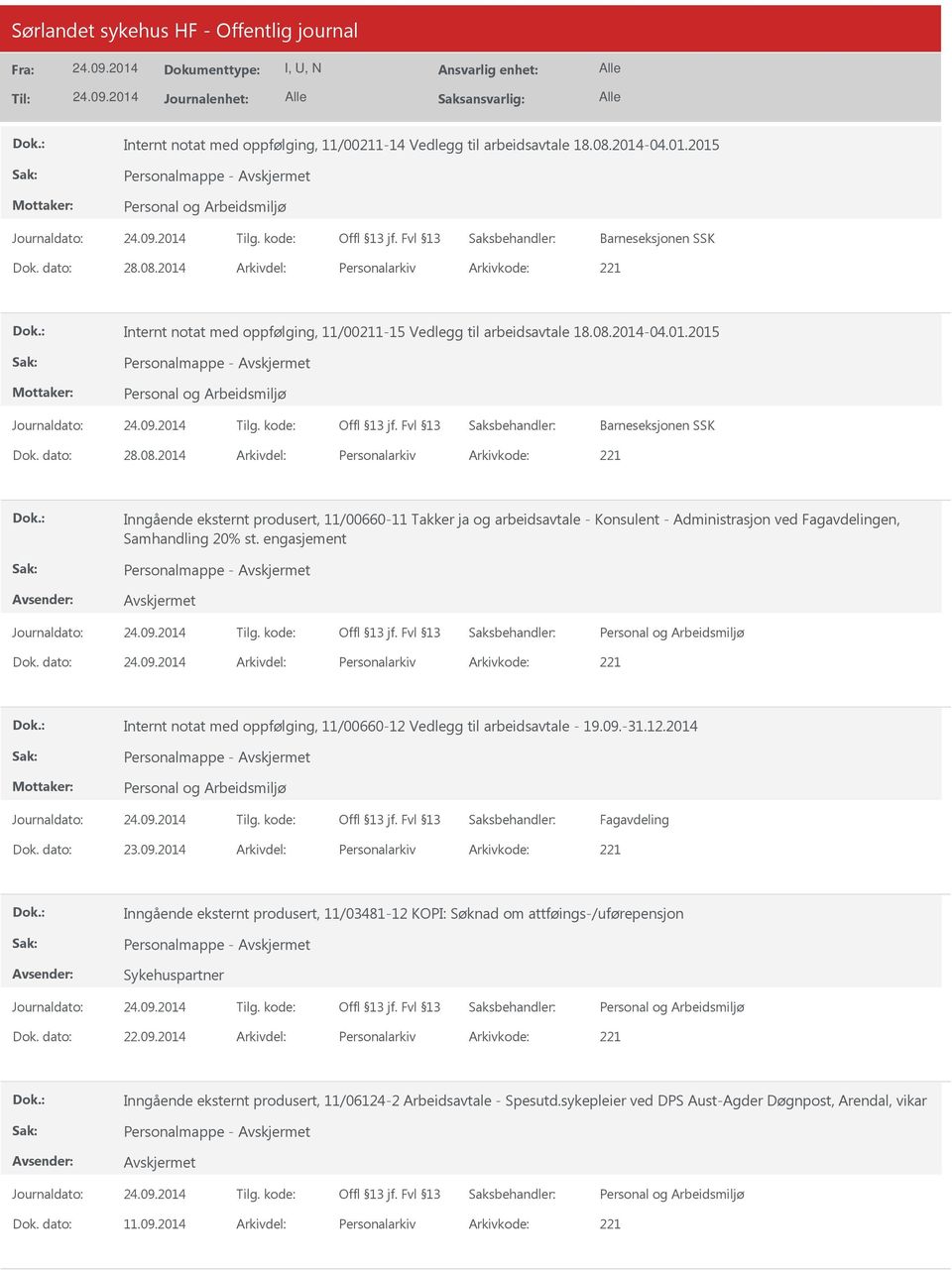 engasjement Personalmappe - Dok. dato: Arkivdel: Personalarkiv Arkivkode: 221 Internt notat med oppfølging, 11/00660-12 Vedlegg til arbeidsavtale - 19.09.-31.12.2014 Personalmappe - Fagavdeling Dok.