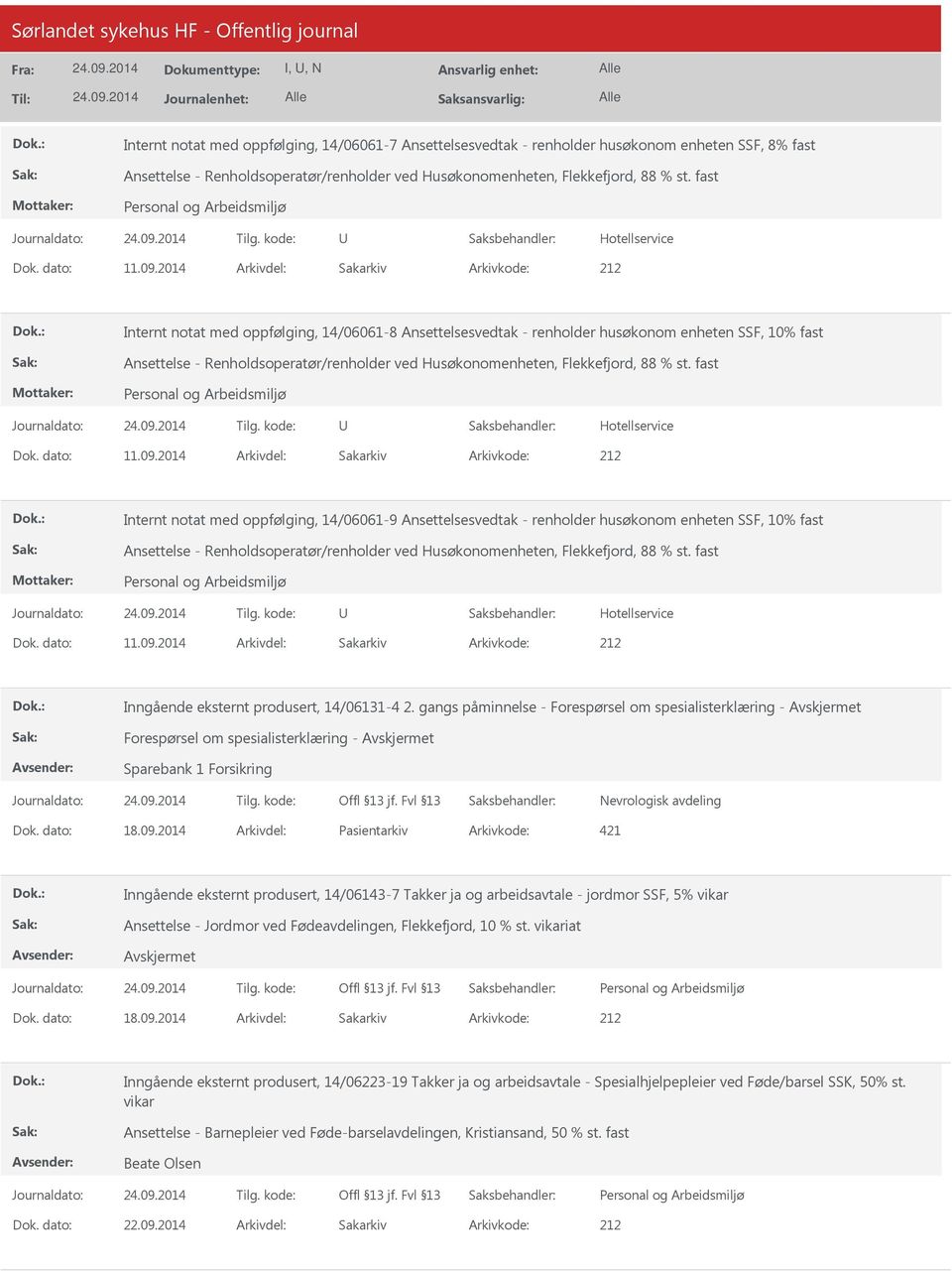 2014 Arkivdel: Sakarkiv Internt notat med oppfølging, 14/06061-8 Ansettelsesvedtak - renholder husøkonom enheten SSF, 10% fast Ansettelse - Renholdsoperatør/renholder ved Husøkonomenheten,