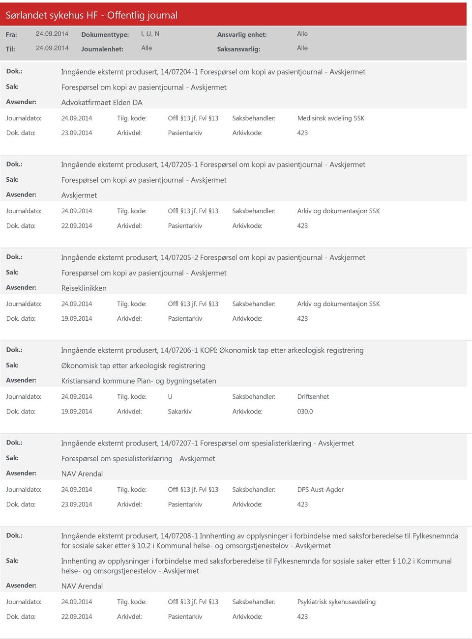 2014 Arkivdel: Pasientarkiv Arkivkode: 423 Inngående eksternt produsert, 14/07205-2 Forespørsel om kopi av pasientjournal - Forespørsel om kopi av pasientjournal - Reiseklinikken Dok. dato: 19.09.