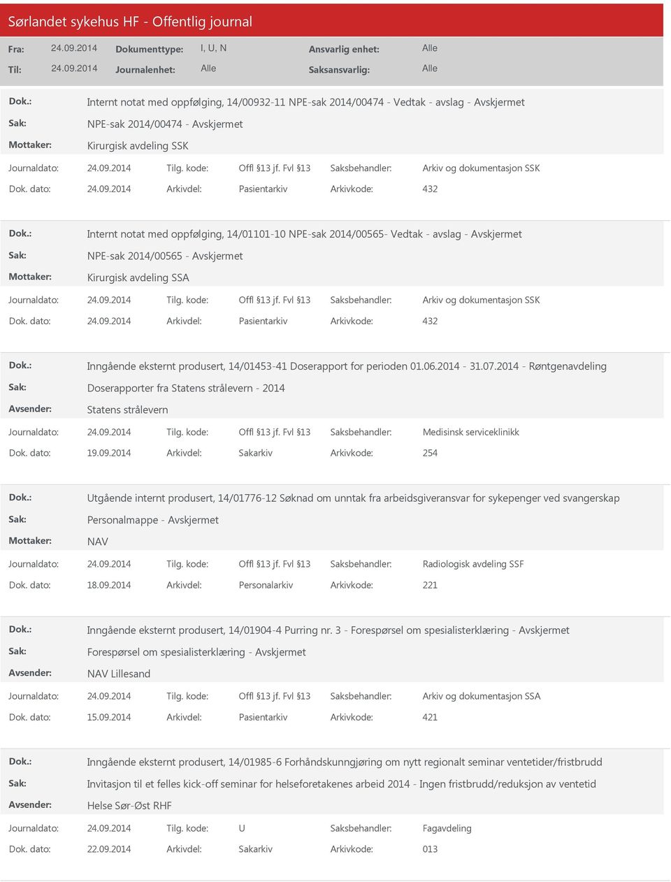 dato: Arkivdel: Pasientarkiv Arkivkode: 432 Inngående eksternt produsert, 14/01453-41 Doserapport for perioden 01.06.2014-31.07.