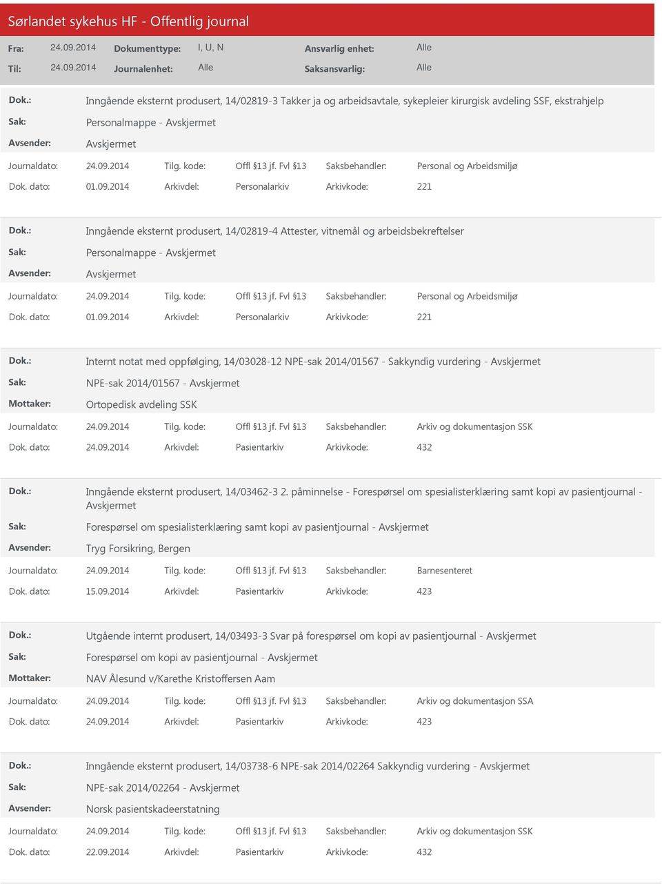 2014 Arkivdel: Personalarkiv Arkivkode: 221 Internt notat med oppfølging, 14/03028-12 NPE-sak 2014/01567 - Sakkyndig vurdering - NPE-sak 2014/01567 - Ortopedisk avdeling SSK Dok.