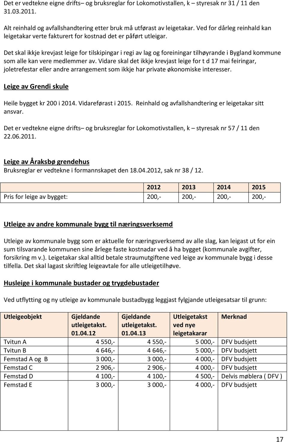 Det skal ikkje krevjast leige for tilskipingar i regi av lag og foreiningar tilhøyrande i Bygland kommune som alle kan vere medlemmer av.