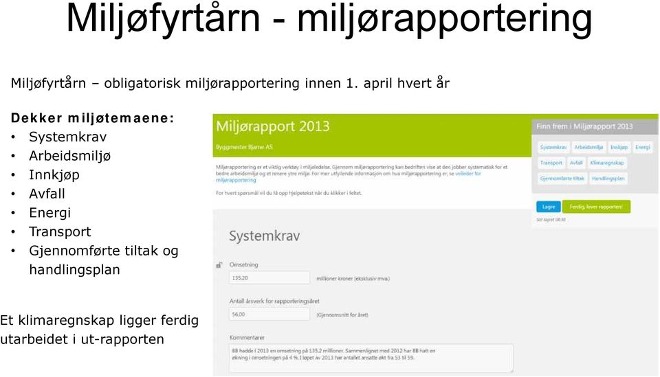 april hvert år Dekker miljøtemaene: Systemkrav Arbeidsmiljø Innkjøp