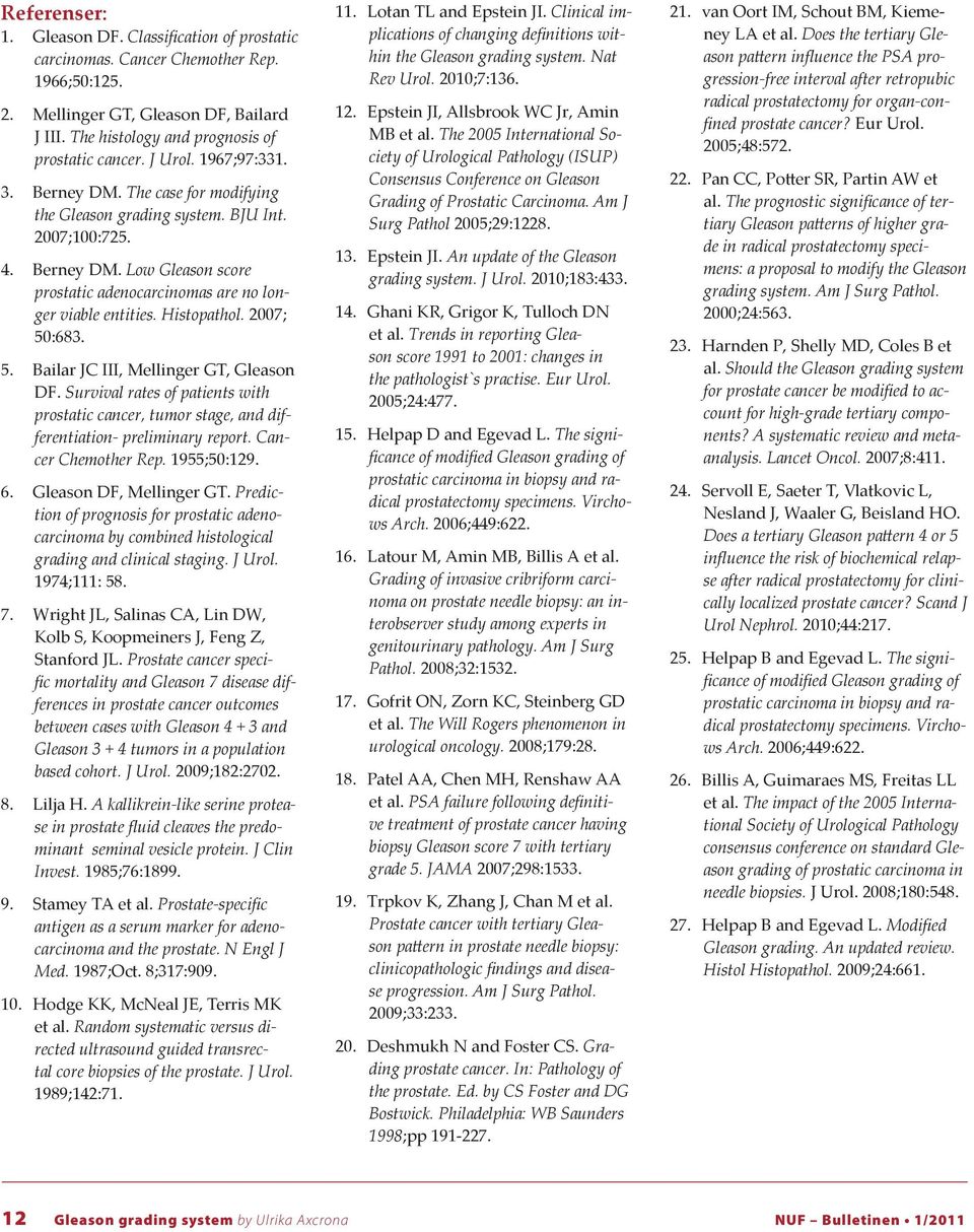 Histopathol. 2007; 50:683. 5. Bailar JC III, Mellinger GT, Gleason DF. Survival rates of patients with prostatic cancer, tumor stage, and differentiation- preliminary report. Cancer Chemother Rep.