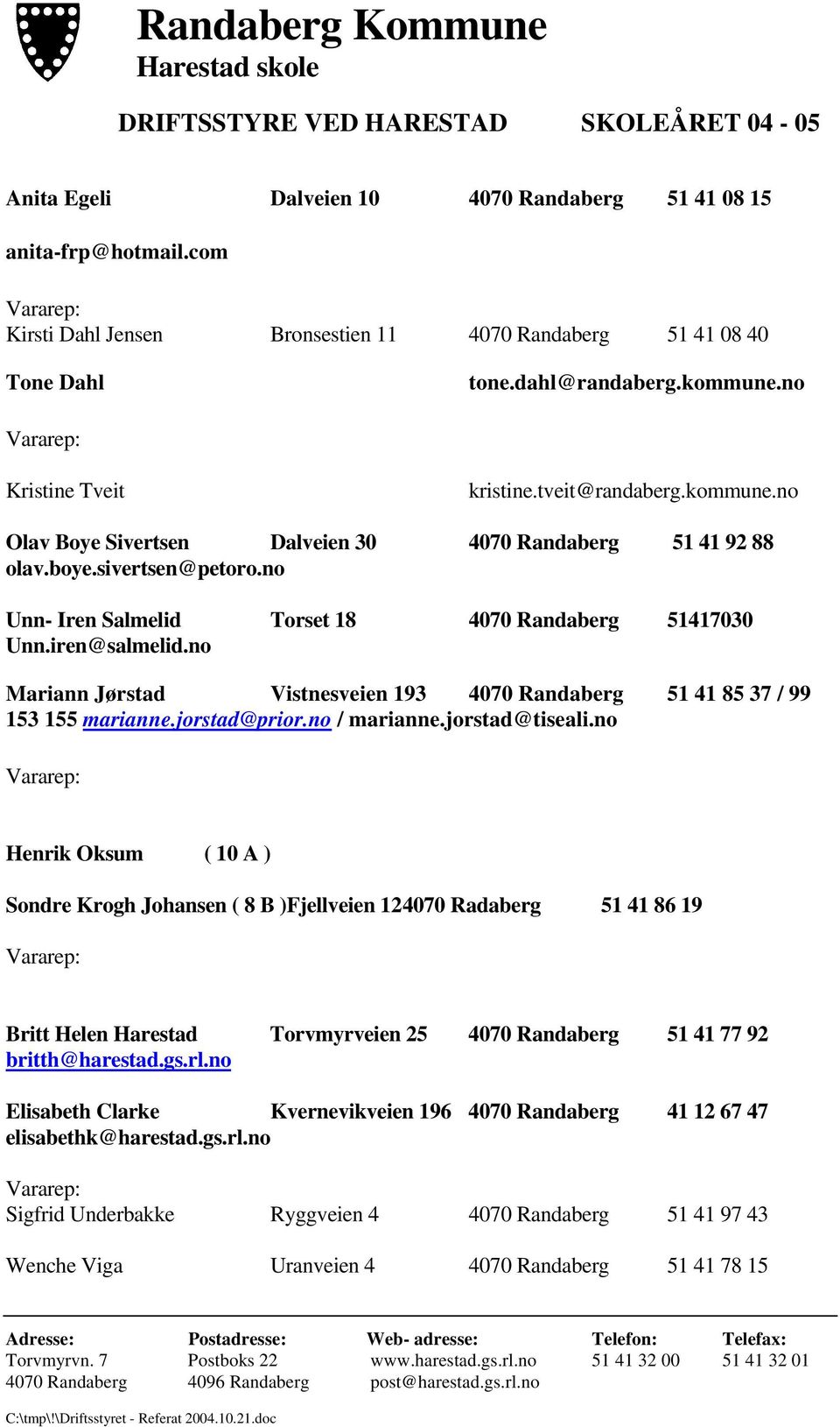 no Unn- Iren Salmelid Torset 18 4070 Randaberg 51417030 Unn.iren@salmelid.no Mariann Jørstad Vistnesveien 193 4070 Randaberg 51 41 85 37 / 99 153 155 marianne.jorstad@prior.no / marianne.