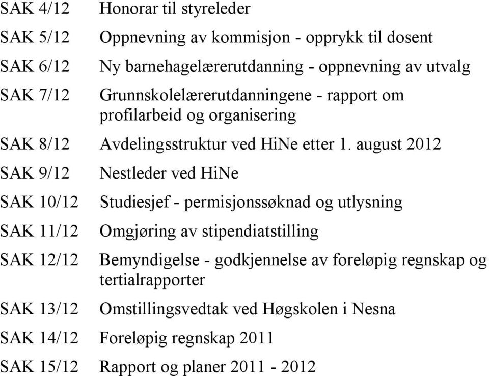 august 2012 SAK 9/12 SAK 10/12 SAK 11/12 SAK 12/12 SAK 13/12 Nestleder ved HiNe Studiesjef - permisjonssøknad og utlysning Omgjøring av