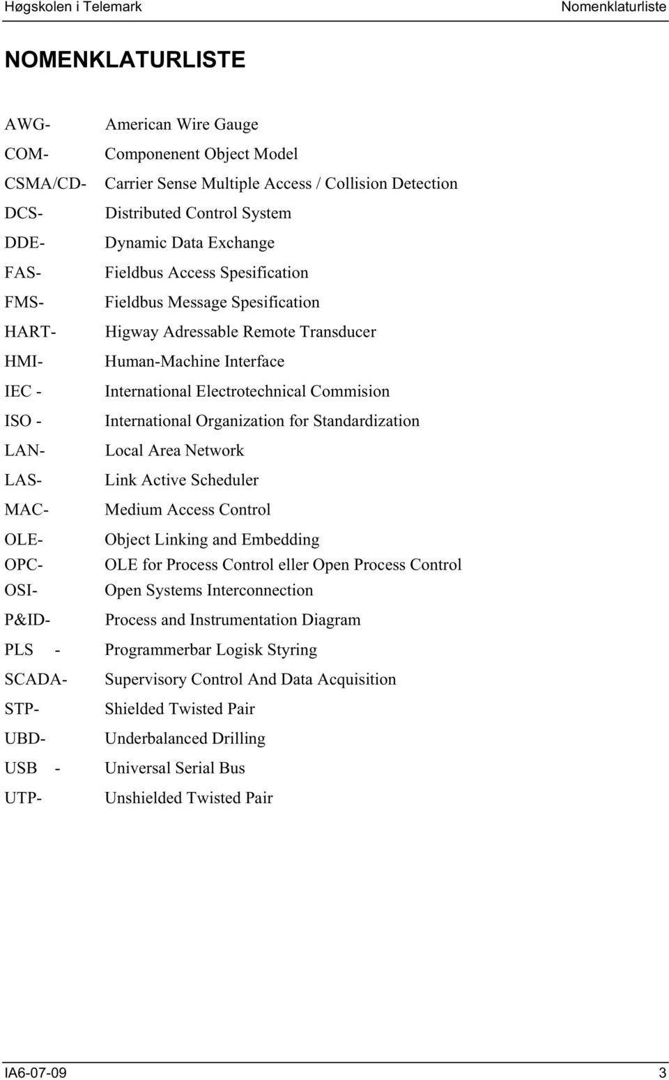 ISO - International Organization for Standardization LAN- Local Area Network LAS- Link Active Scheduler MAC- Medium Access Control OLE- Object Linking and Embedding OPC- OLE for Process Control eller