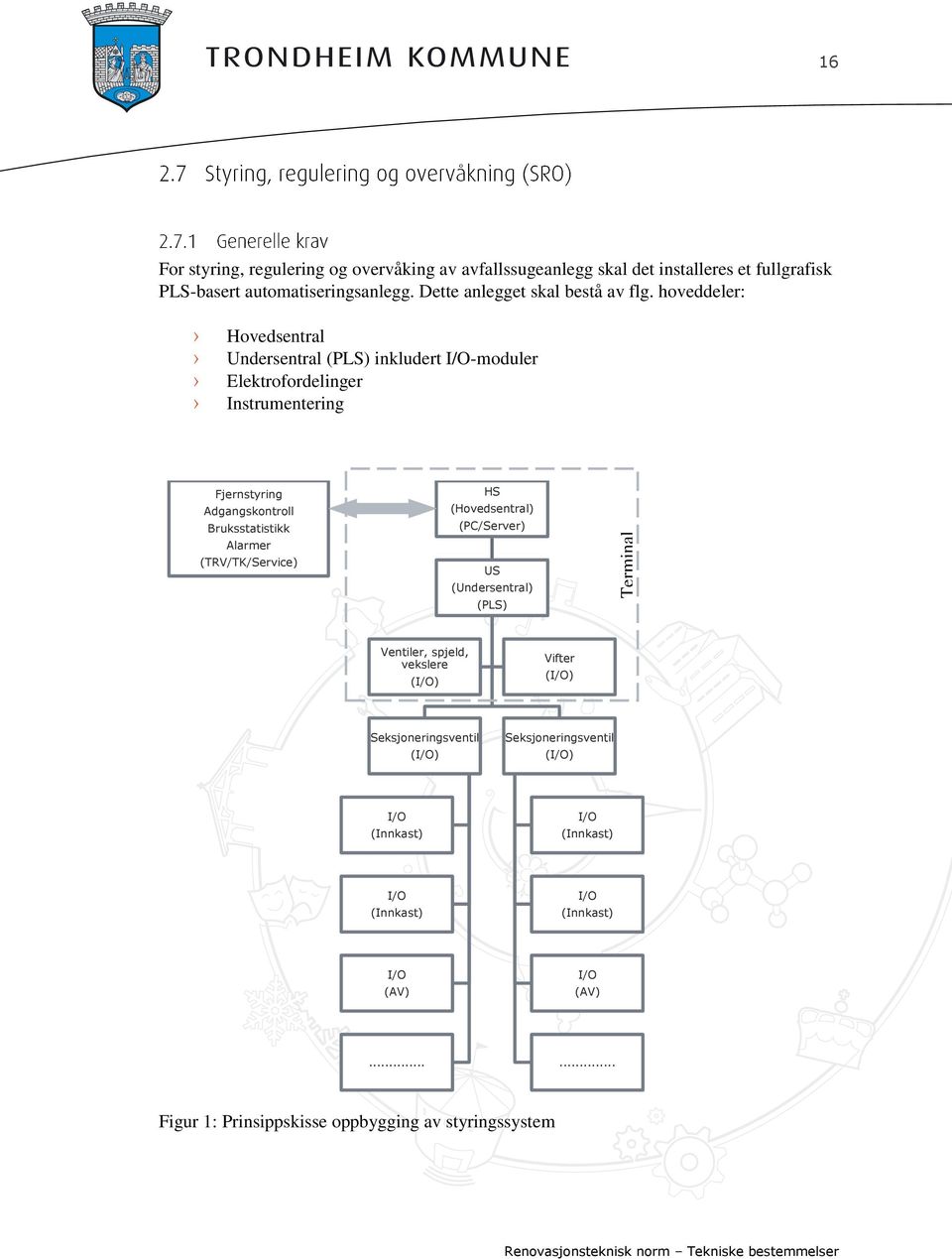 hoveddeler: Hovedsentral Undersentral (PLS) inkludert I/O-moduler Elektrofordelinger Instrumentering Fjernstyring Adgangskontroll Bruksstatistikk Alarmer