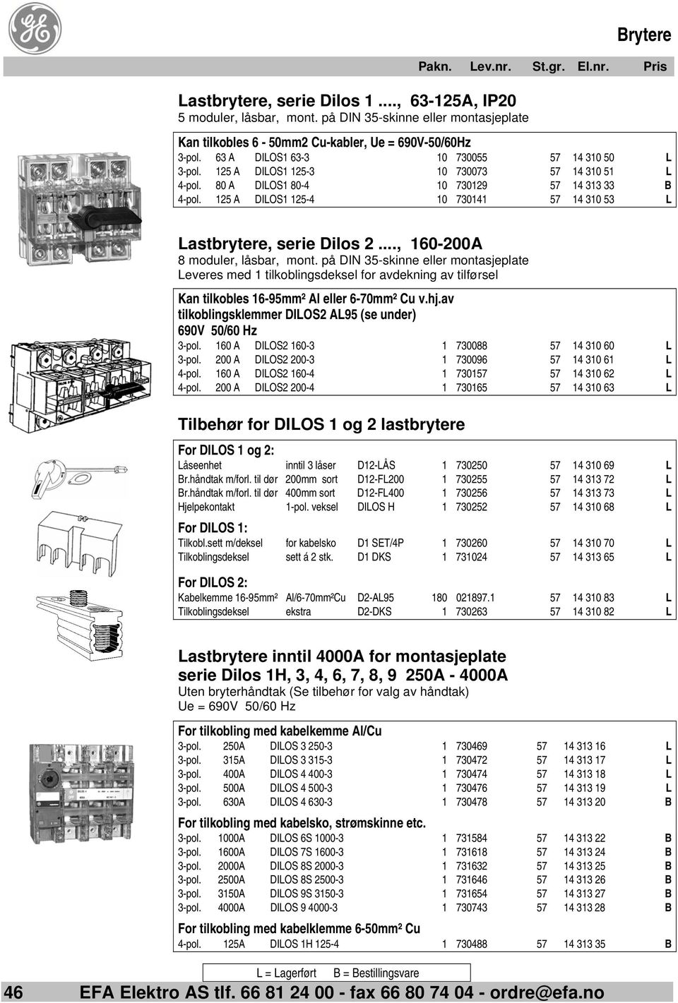 125 A DILOS1 125-4 10 730141 57 14 310 53 L Lastbrytere, serie Dilos 2..., 160-200A 8 moduler, låsbar, mont.