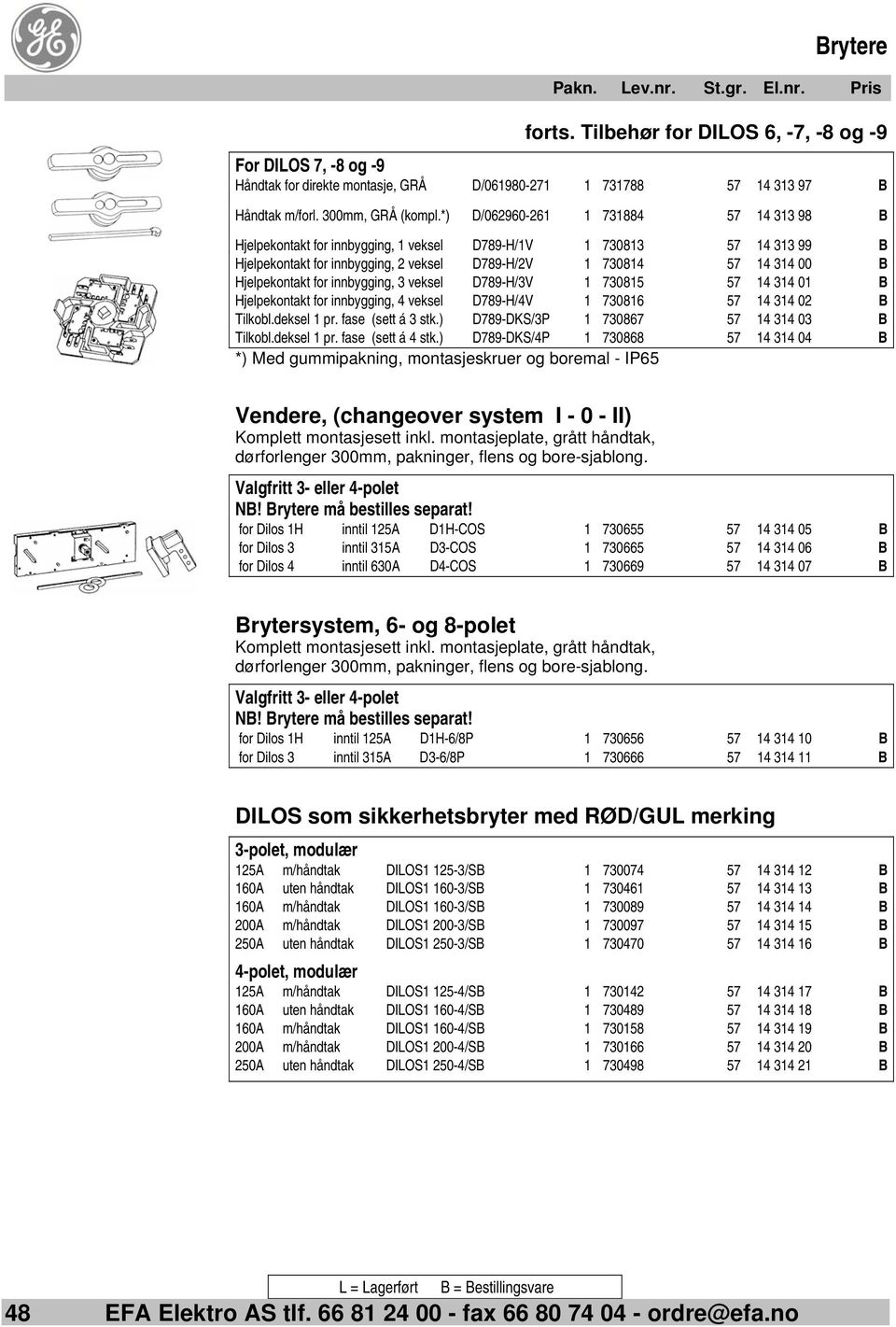 for innbygging, 3 veksel D789-H/3V 1 730815 57 14 314 01 B Hjelpekontakt for innbygging, 4 veksel D789-H/4V 1 730816 57 14 314 02 B Tilkobl.deksel 1 pr. fase (sett á 3 stk.