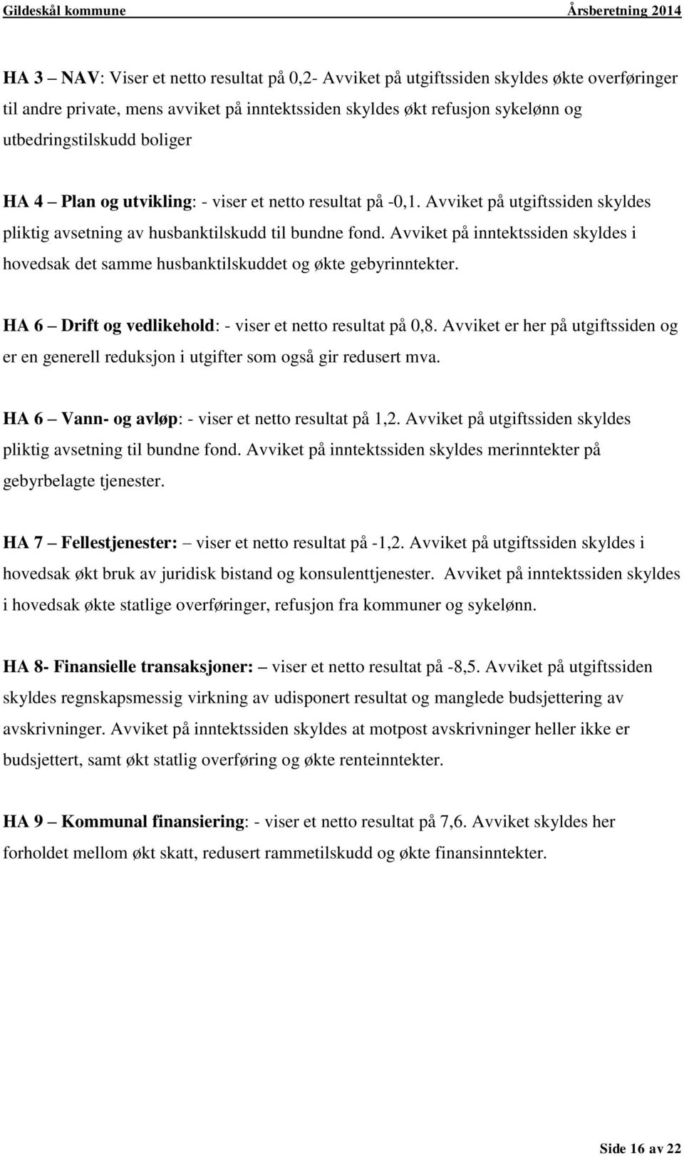 Avviket på inntektssiden skyldes i hovedsak det samme husbanktilskuddet og økte gebyrinntekter. HA 6 Drift og vedlikehold: - viser et netto resultat på 0,8.